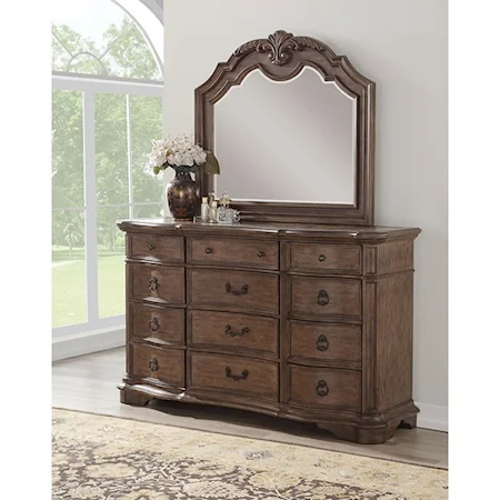 Traditional 12 Drawer Dresser Mirror Set with Cedar Lining